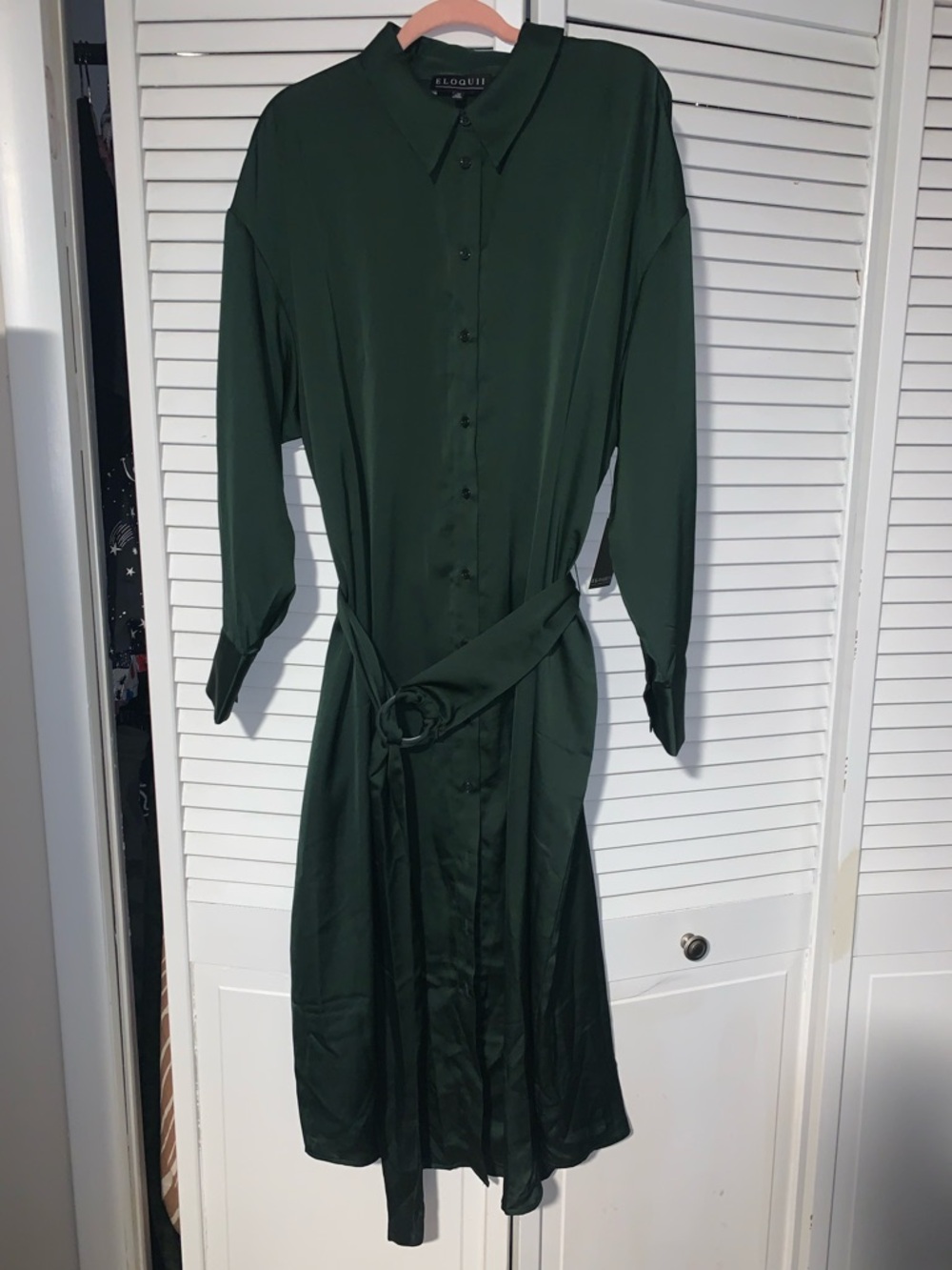 Eloquii Plus Size Women’s Dark Green Satin Belted Long Sleeve Shirtdress